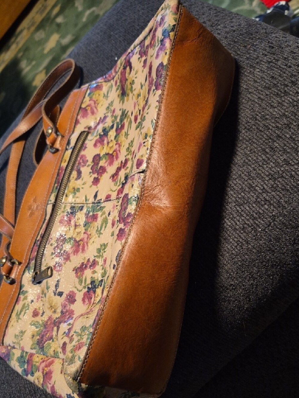 Floral Print Brown Leather-Trim Tote Bag - Picture 3 of 7